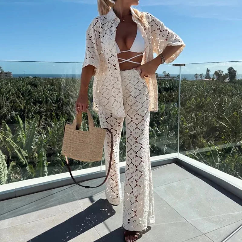 Two-piece ladies lace outfit with wide trousers – Livia
