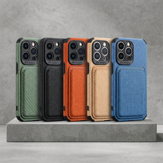 Five cases in green, black, orange, beige and blue, lined up on a concrete plinth 2