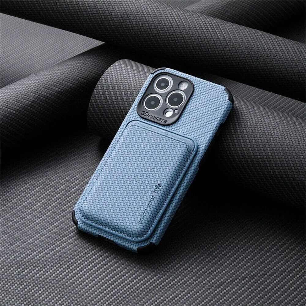 Blue woven-texture case with card wallet clipped to the back, resting on dark fabric 7