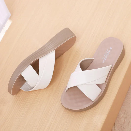 Ladies' wedge slippers made of leatherette with an open toe – Cassy