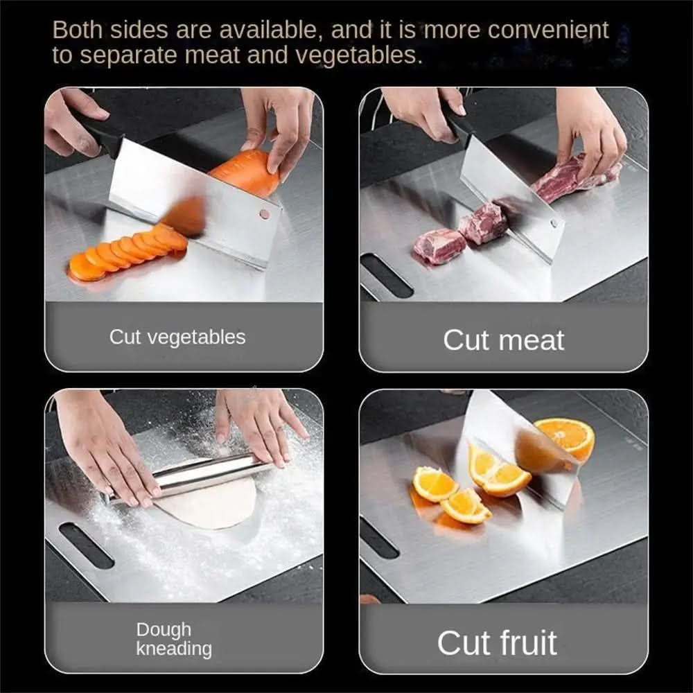 Four-panel collage showing both sides of the board used for cutting vegetables, meat and fruit, and kneading dough. 9