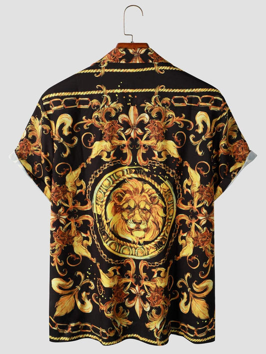Expressive men's short-sleeved shirt with baroque pattern & lion motif – Dante