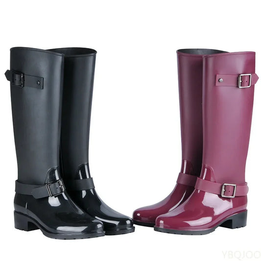 Women's waterproof knee-high rain boots with buckles & block heels – Elenya
