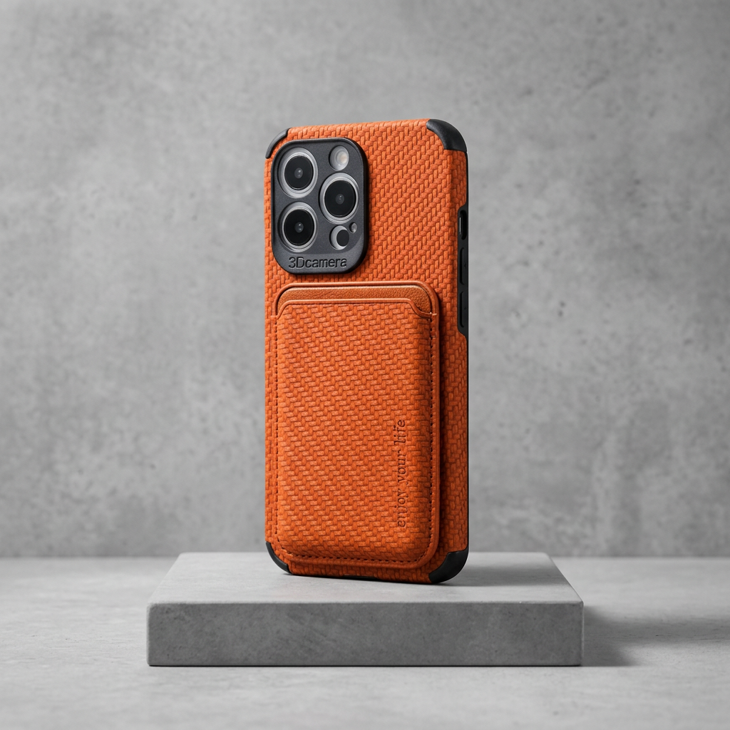 Orange woven-texture phone case with card pocket, standing on a grey concrete block 6