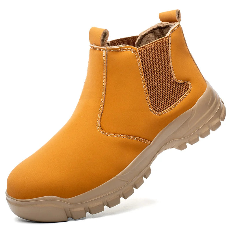 Tan slip-on ankle boot on a white background, with contrast stitching, elastic panel and beige sole 13