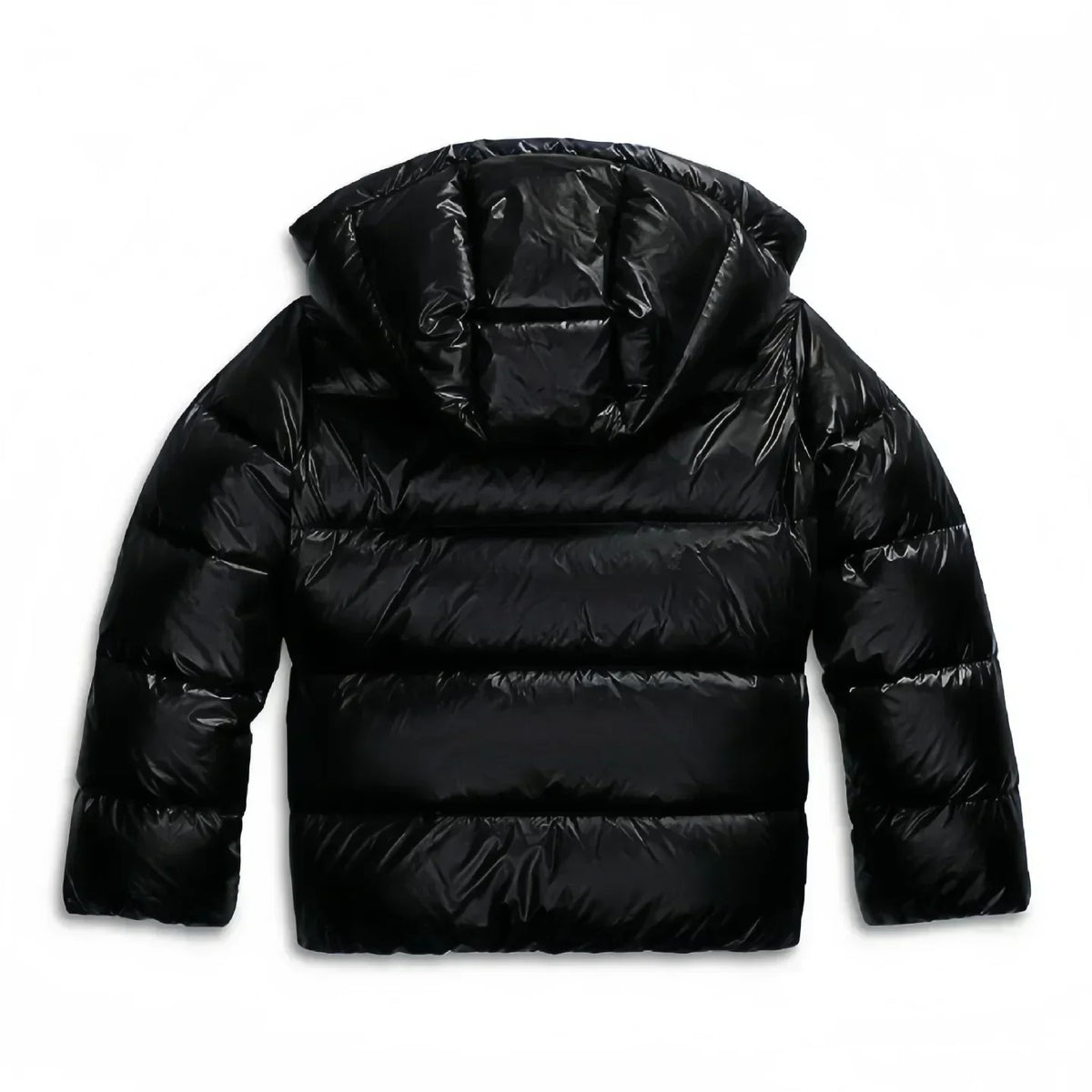 Back of the black glossy quilted jacket, showing the hood and wide horizontal quilting 8