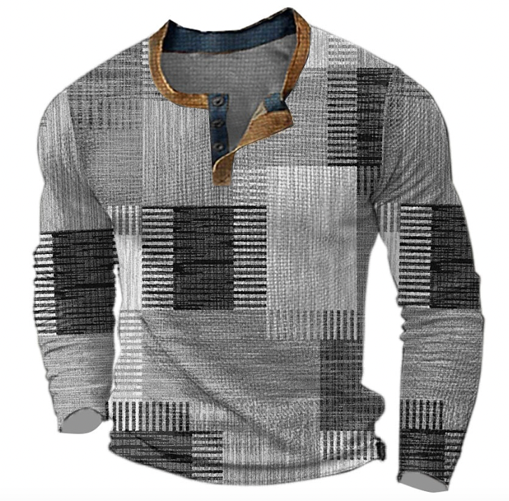 Front view of the long-sleeved Henley top in a greyscale geometric block print, with tan collar trim and three buttons. 4