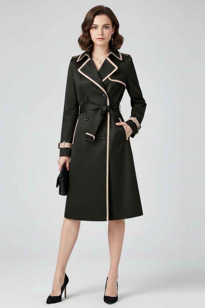 Model wearing the trench coat in black with beige piping, double-breasted front, tied belt and black court shoes. 5