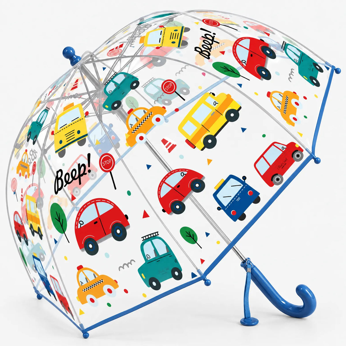 Car-print clear dome umbrella with blue trim and handle, shown at an angle with a wrist strap and the inner ribs visible. 15