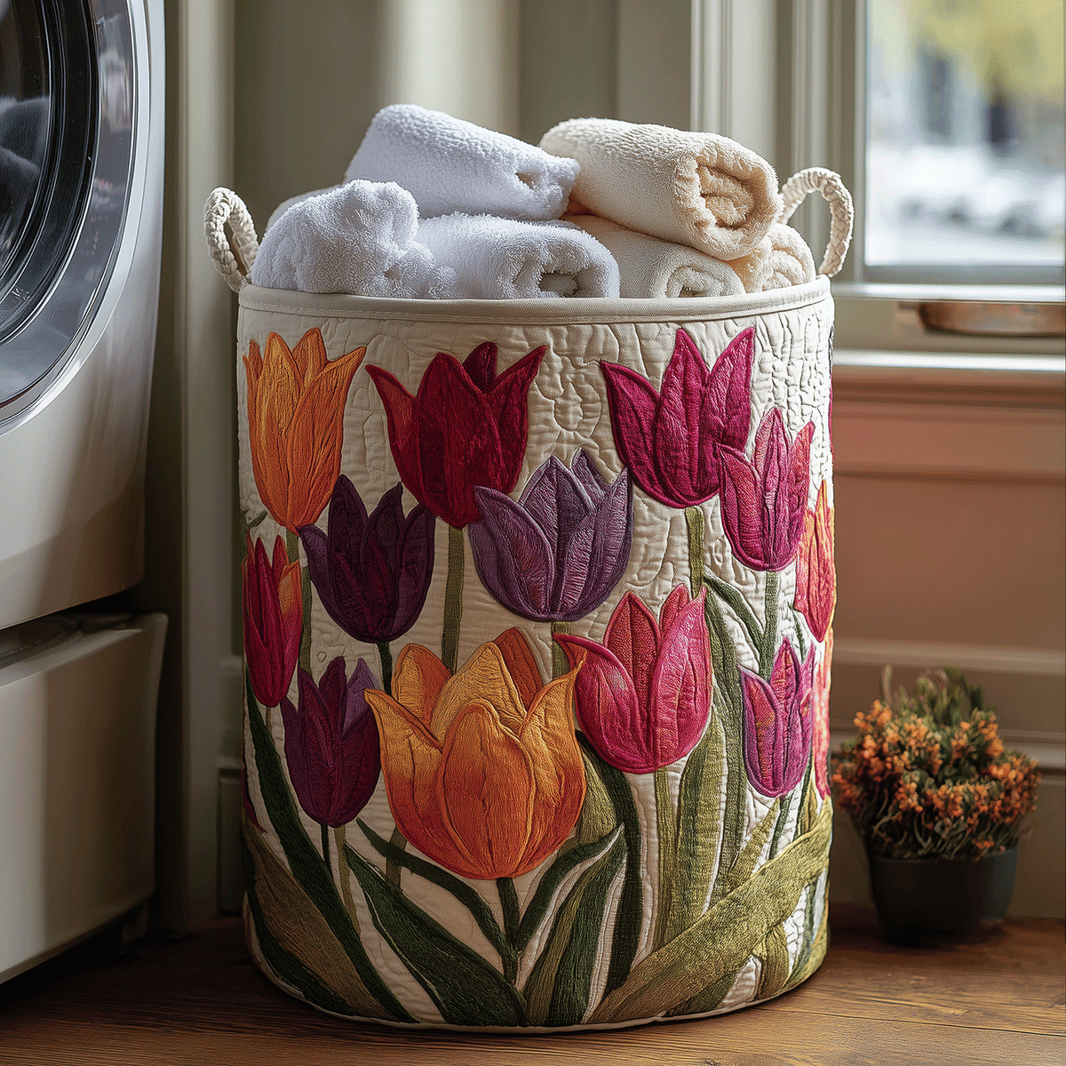 Cream quilted round basket with colourful embroidered tulips, rope handles, filled with rolled towels beside a washing 1