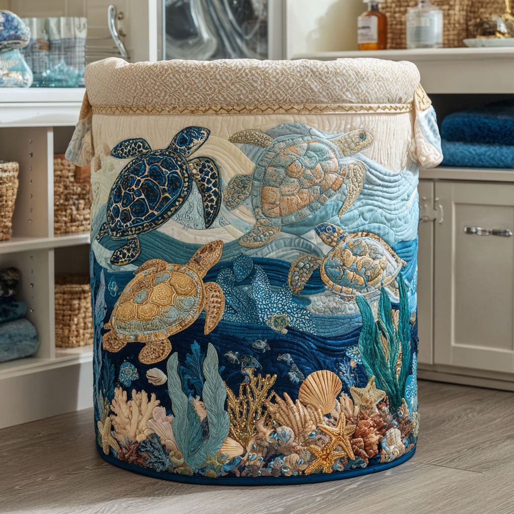 Quilted Hand-Sewn Storage Basket with Seashell Print 1
