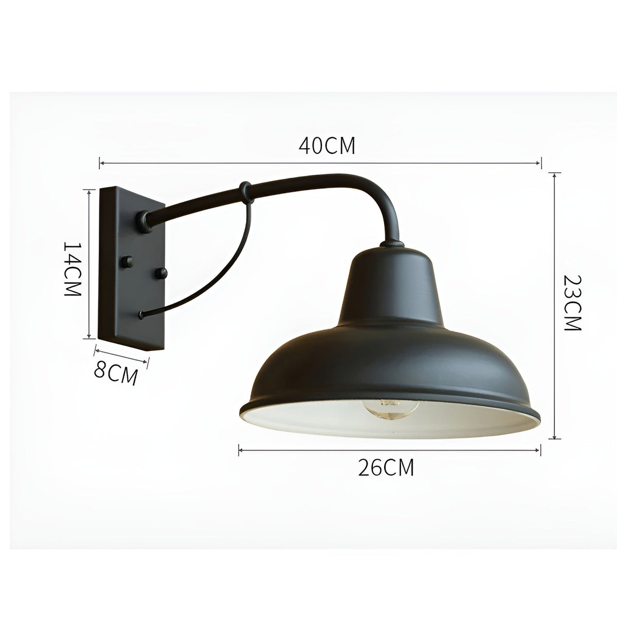 Dimensions diagram of the black wall light, marking arm projection, shade width, overall height and backplate size. 9