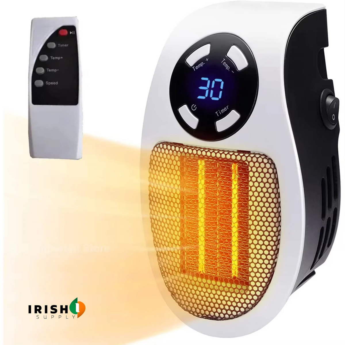 Heater with glowing orange element and warm air flow, next to its separate remote control 10