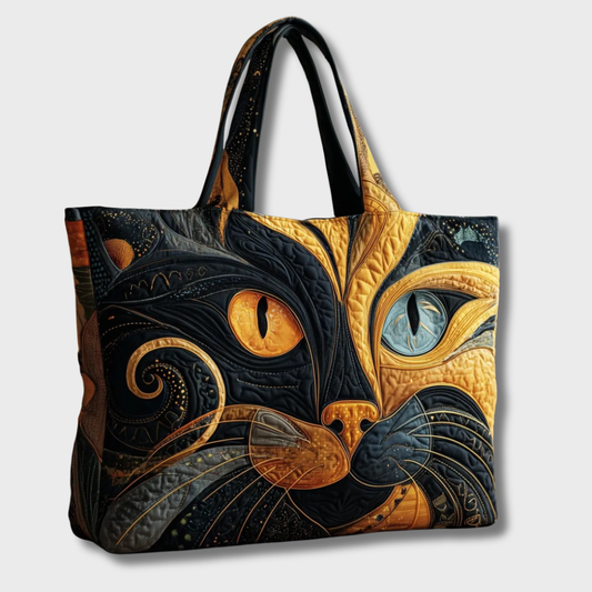 Quilted cat-face tote seen at a slight angle against a plain pale background, showing its two handles 2