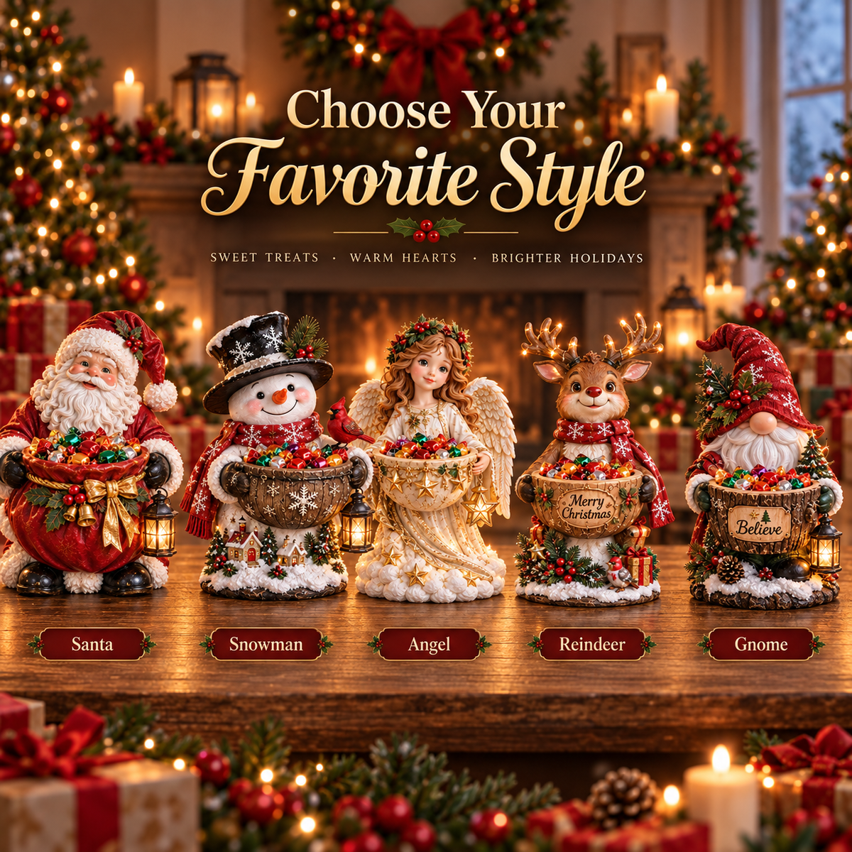Santa, snowman, angel, reindeer and gnome side by side on a table, each with a style label 9