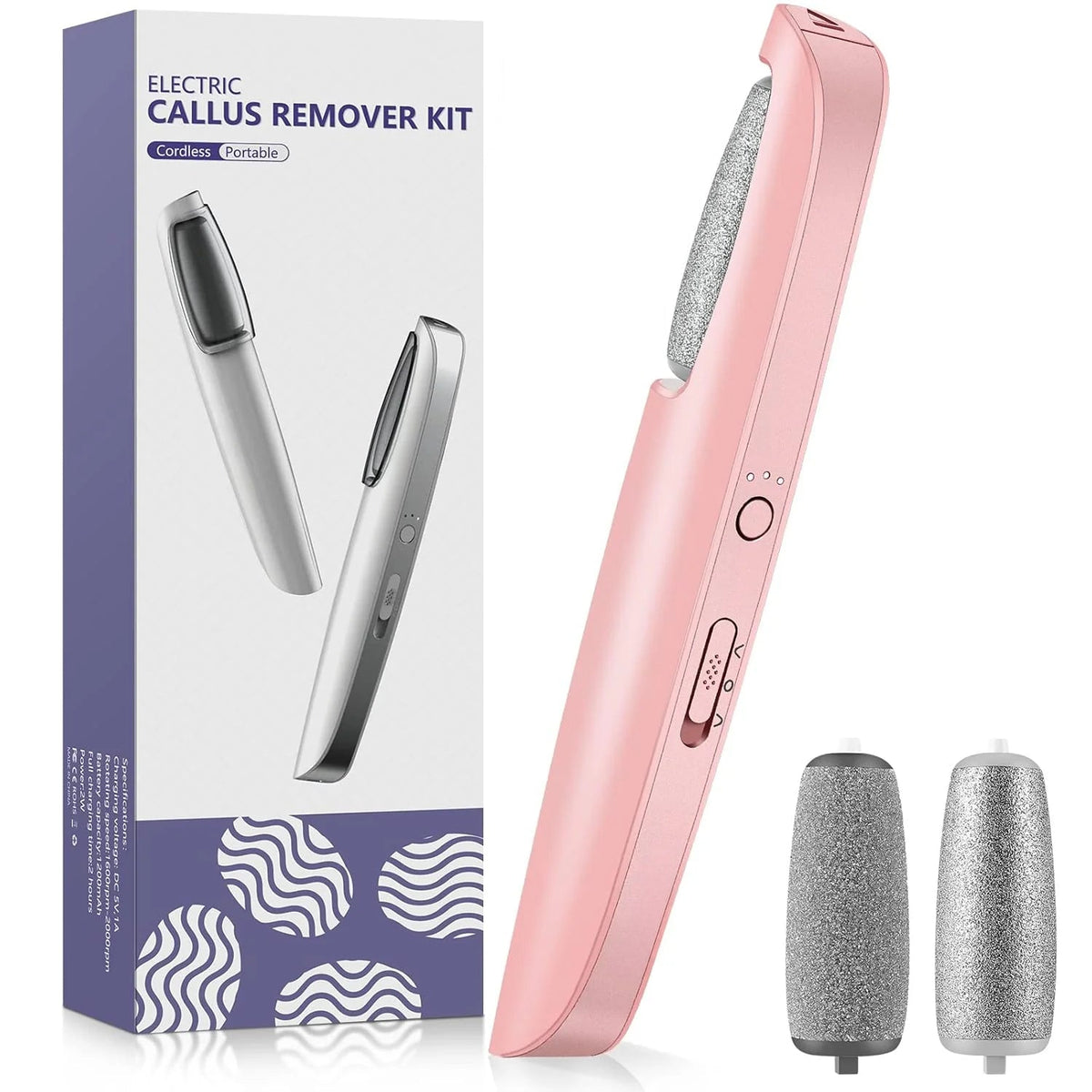 Pink version of the callus remover standing beside its purple and white box, with two grey spare roller heads. 8