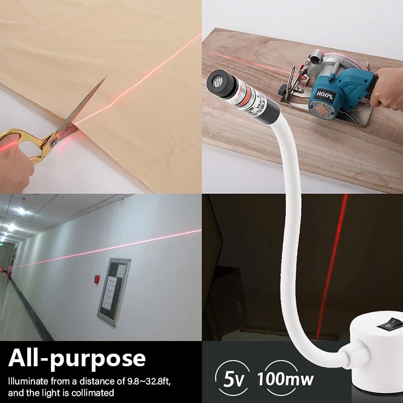 Collage of laser guide uses: cutting fabric with scissors, guiding a circular saw, lighting a corridor wall, and the guide 8