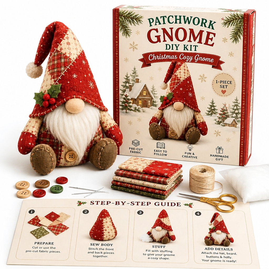 Red and cream Christmas gnome with a holly sprig and pompom hat, shown with its kit box and contents 13
