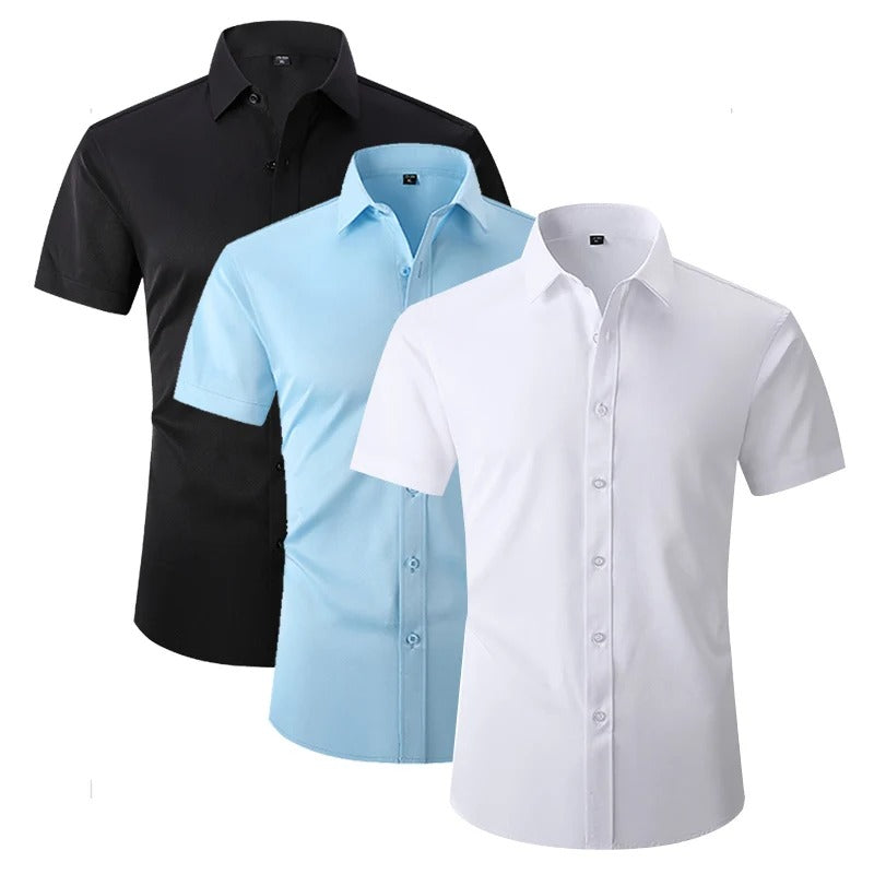 Black, light blue and white short-sleeved shirts overlapping to show the three colour options 6