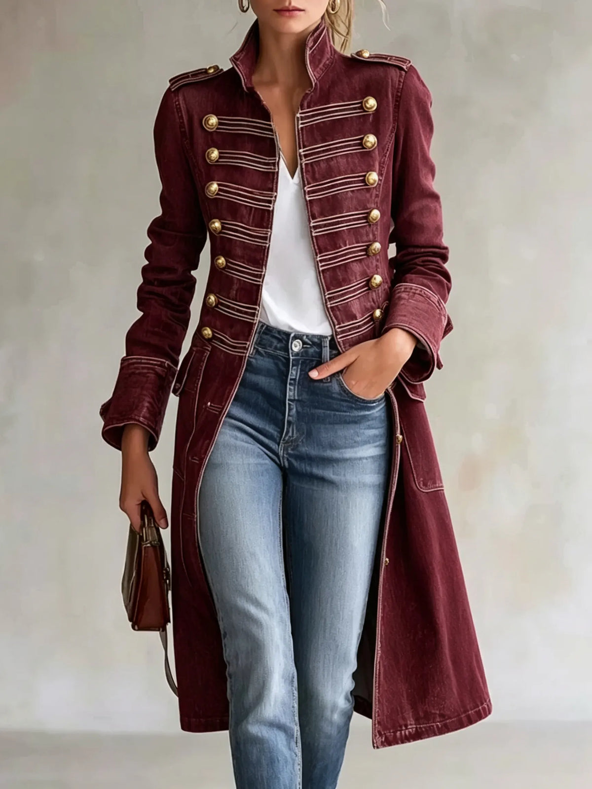 Model wearing the coat in a deep burgundy finish, open over a white top and jeans, with gold buttons and pale braided trim. 11