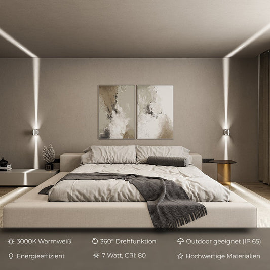 Pair of wall lights either side of a bed in a bedroom, casting beams up and down, with feature icons beneath. 2