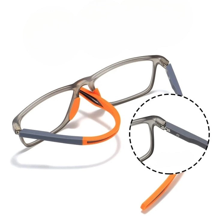 Grey and orange frames with a flexible orange arm bent back, and a circular close-up of the hinge and screw. 10
