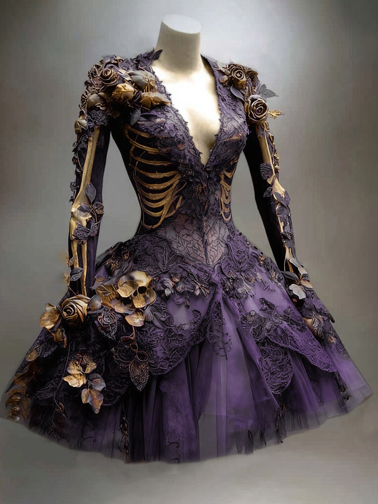Purple version of the dress on a mannequin, with golden skeleton ribs, lace detail and a small gilded skull at the hip. 6