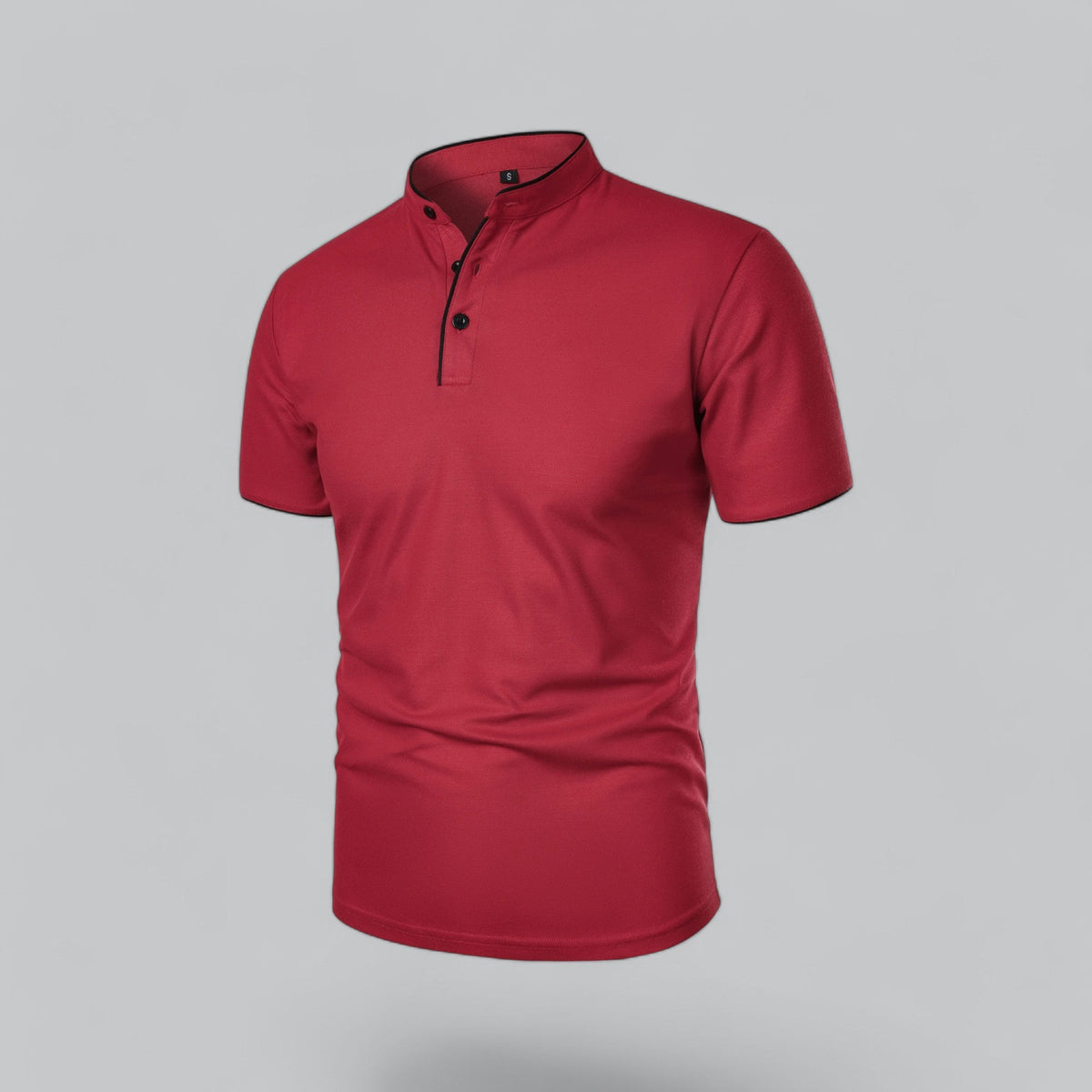 Red short-sleeved polo from the front at an angle, with black buttons, black piped placket and neckband 27