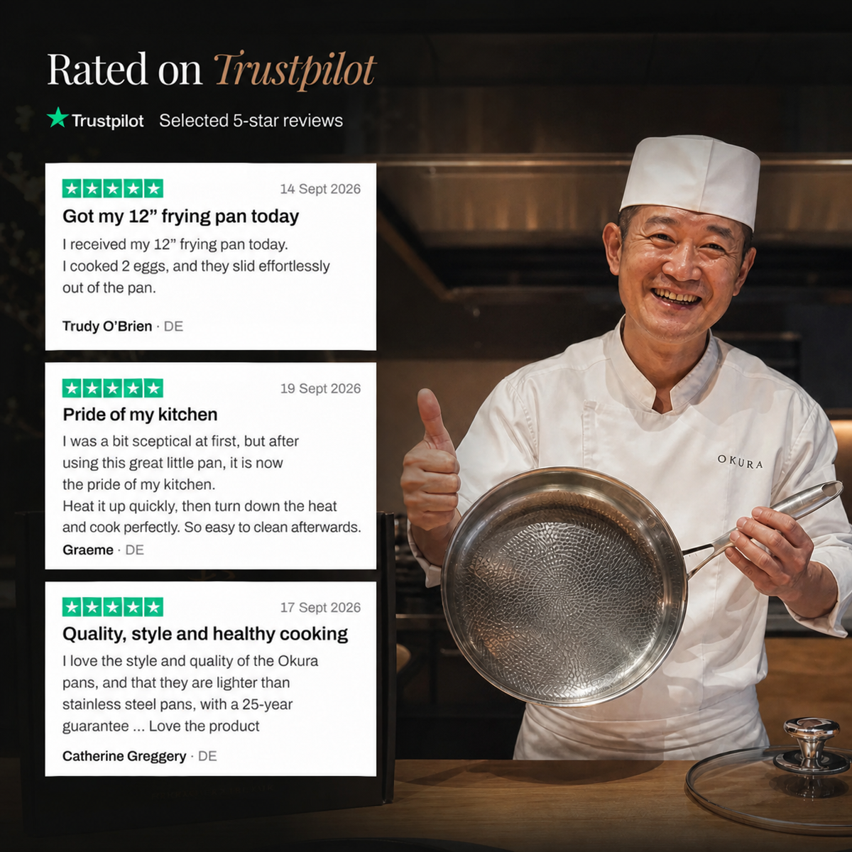 Smiling chef in whites giving a thumbs up and holding a hammered pan, beside three customer reviews 7