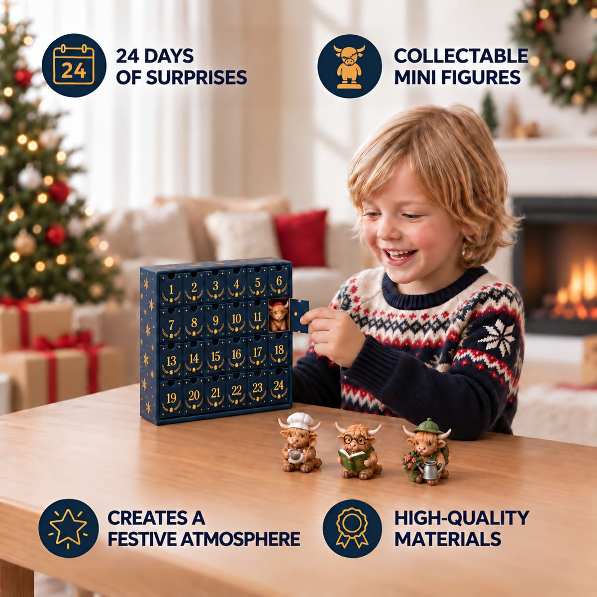 Smiling child opening a numbered door of the calendar, with three figures on the table and benefit icons around 7