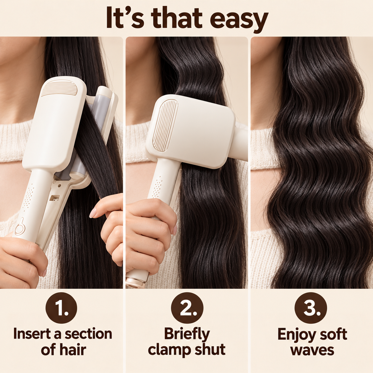 Three-step panel showing the iron clamping straight dark hair and leaving soft waves 14