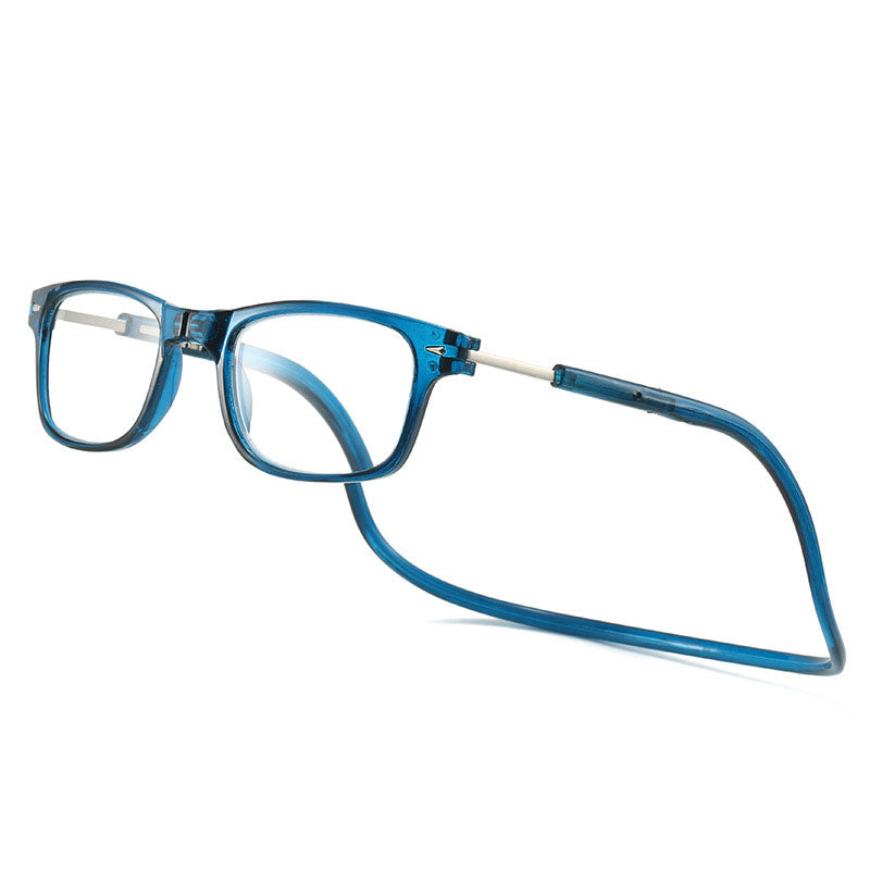 Reading glasses in a translucent blue frame with a matching neck cord, shown at an angle on white. 14
