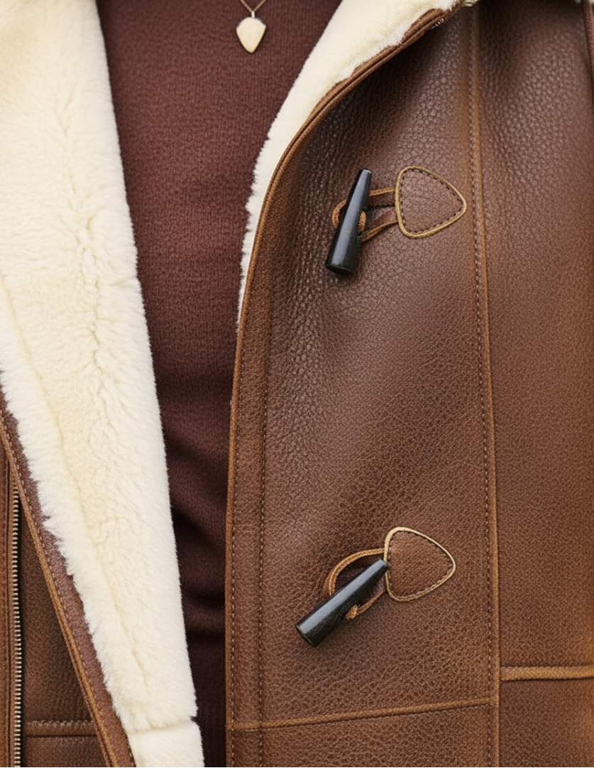 Close-up of the front placket with two dark horn-style toggles on leather loops, textured brown outer and soft cream fleece lining. 3