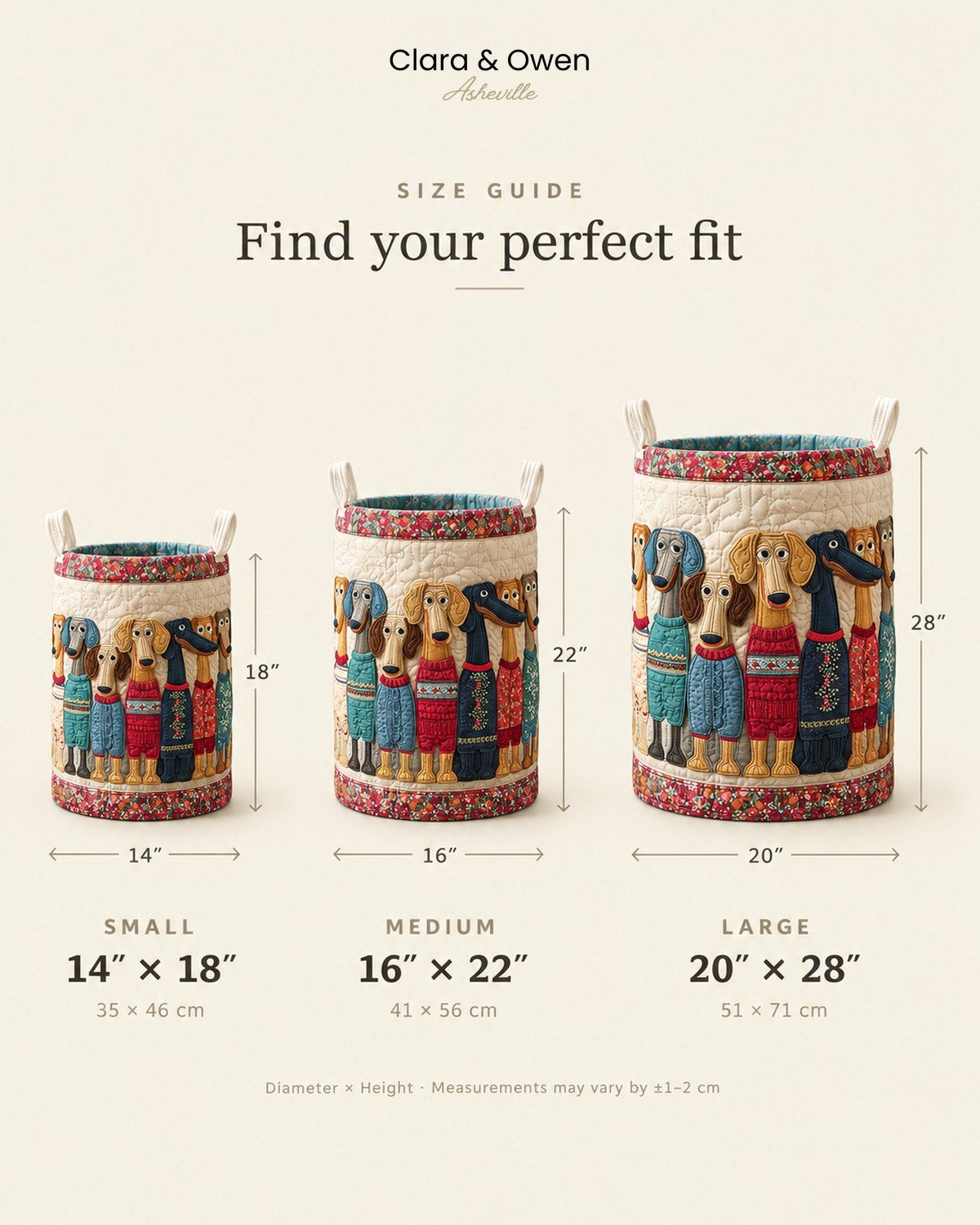 Size guide showing the basket in small, medium and large, with height and diameter marked 5
