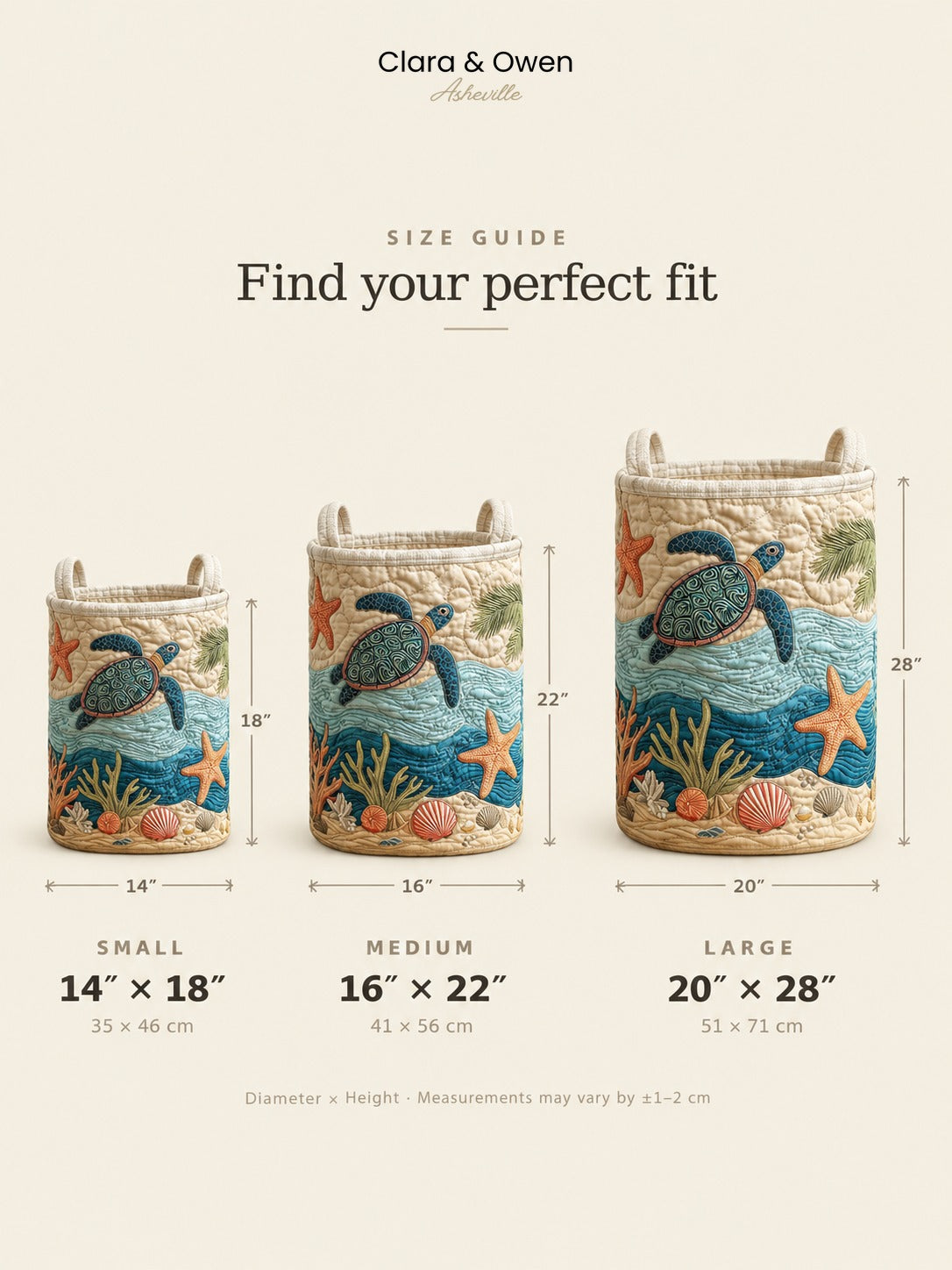 Size guide graphic showing the small, medium and large baskets side by side with their diameters and heights marked. 7