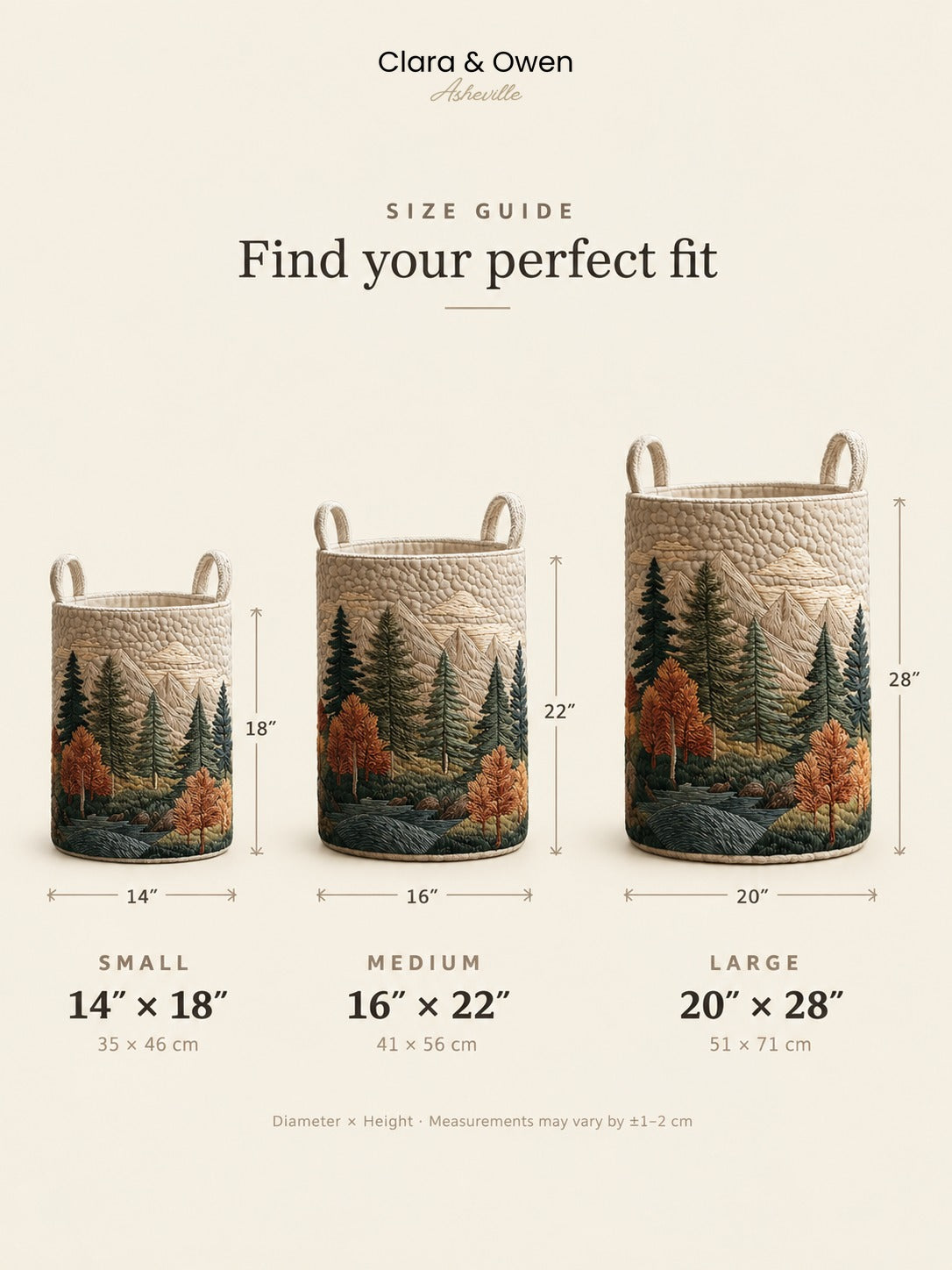 Size guide showing the forest-print basket in small, medium and large, with diameter and height in inches and centimetres. 14