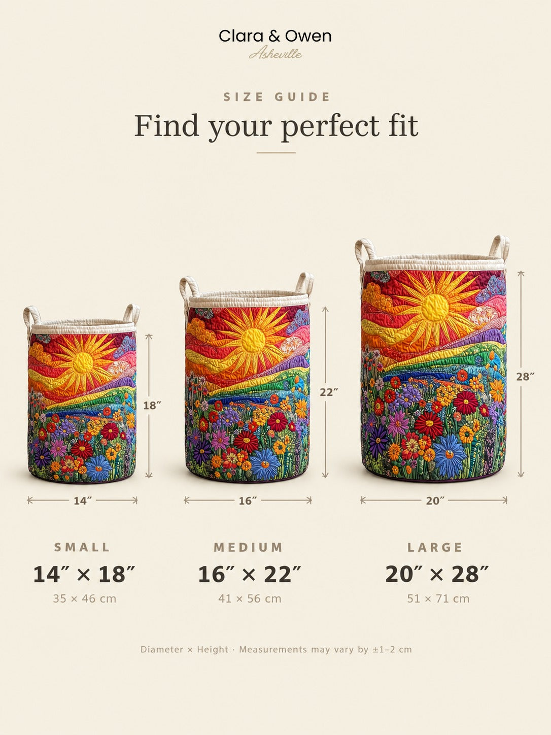 Size guide showing the basket in small, medium and large side by side, with diameter and height measurements marked beneath each. 5