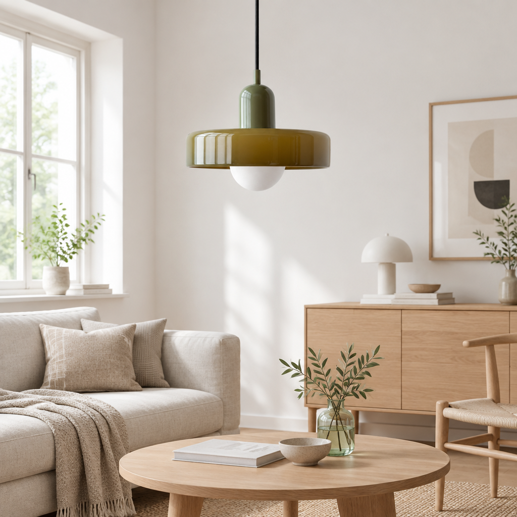 Olive green pendant hanging in a bright living room with sofa, round table and wooden sideboard 59