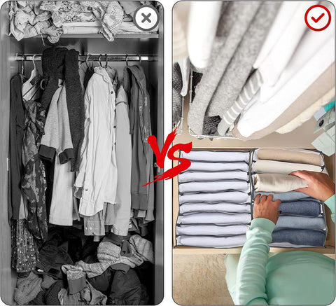 Before-and-after comparison: a crowded wardrobe in black and white beside tidy folded clothes sorted into compartments in a drawer. 2