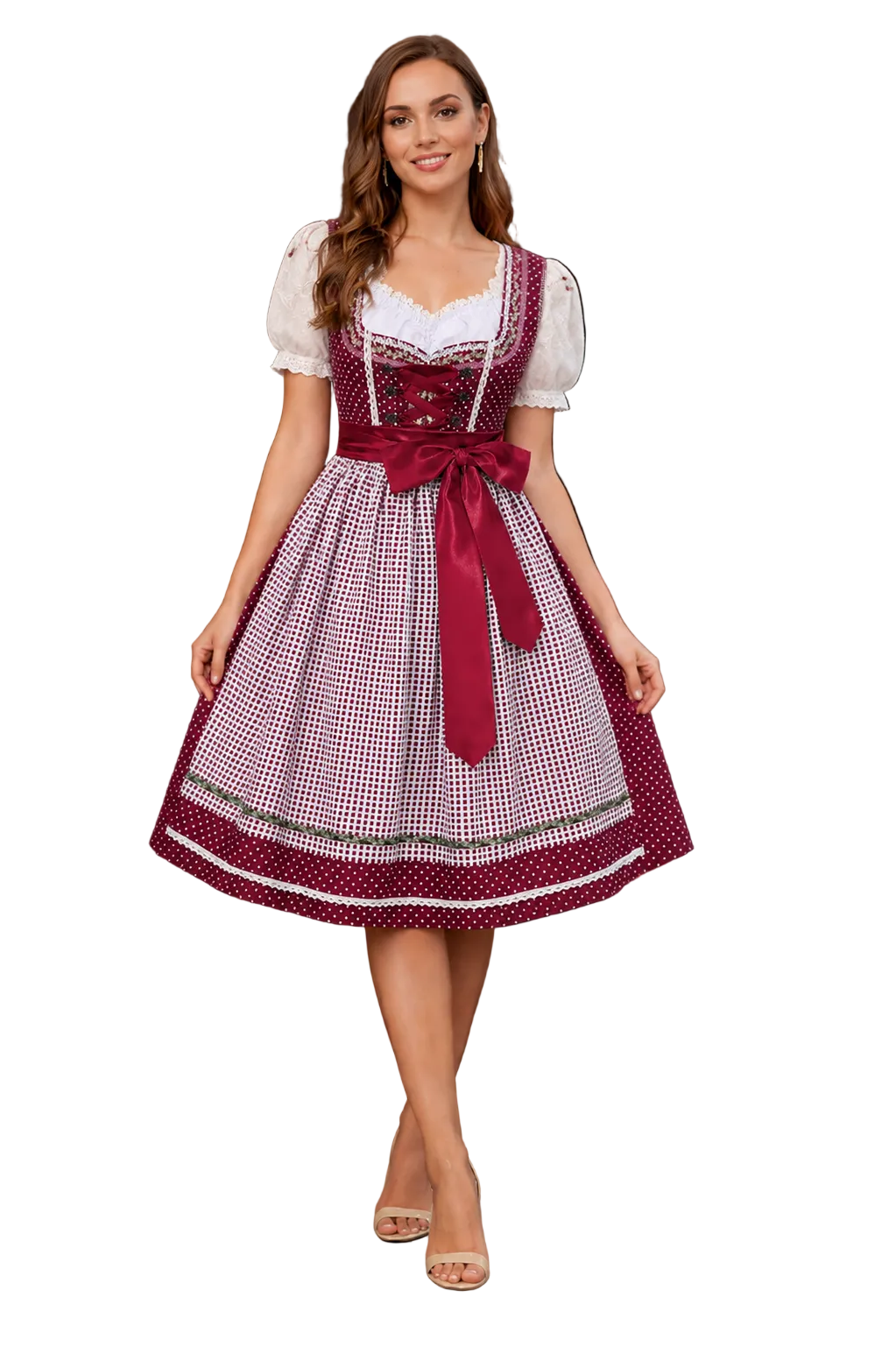 Front view on a model of a burgundy polka dot dirndl with white puff-sleeved blouse, gingham apron and satin bow tied at the side. 1