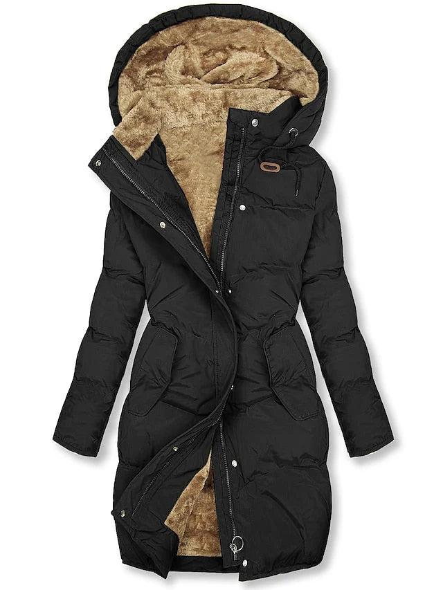 Black quilted coat with a golden-brown fleece lining visible in the hood and open front, plus two flap pockets at the waist. 3
