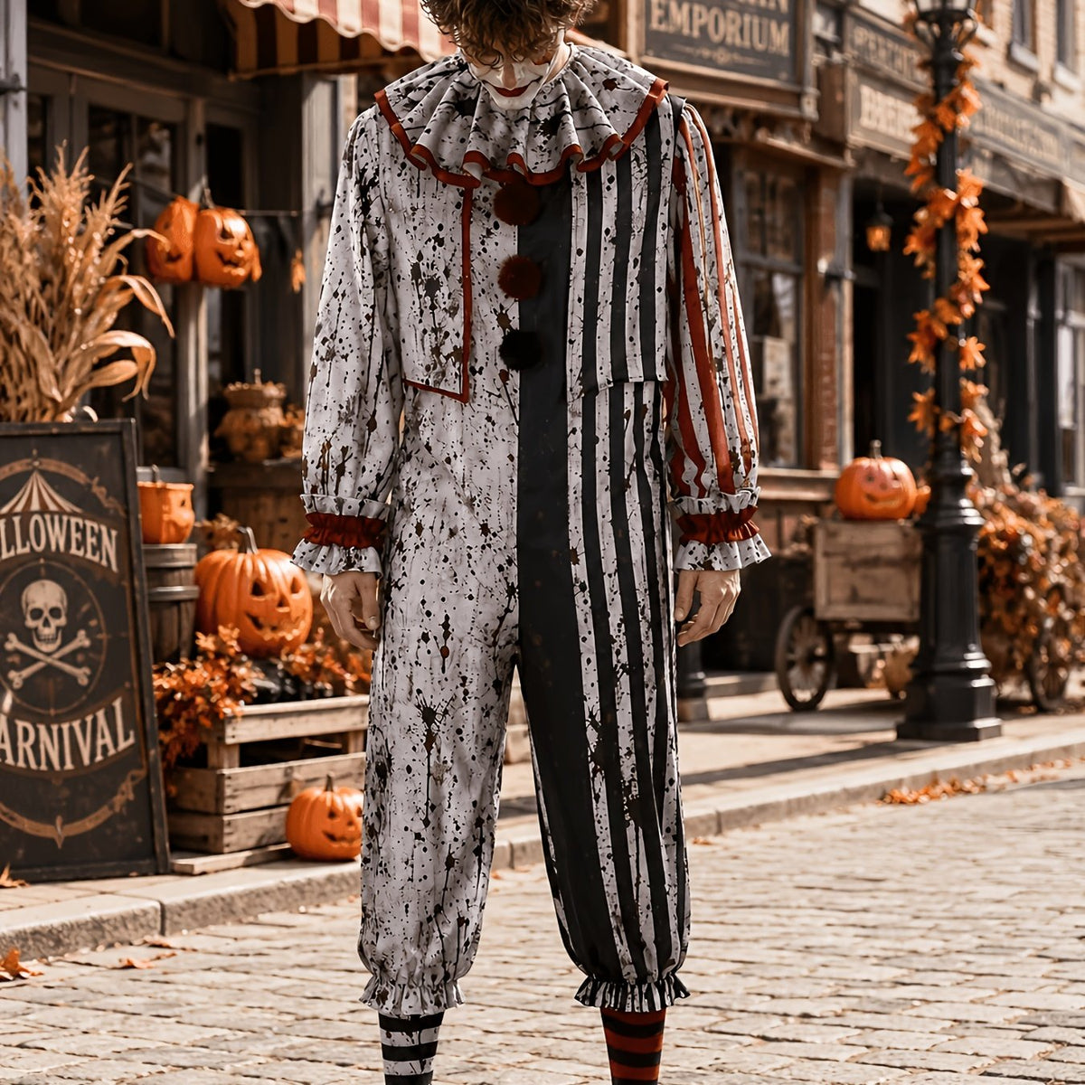 Close-up front crop of the clown jumpsuit from collar to ankles, showing the splatter print, pom-pom buttons and contrasting stripes. 5