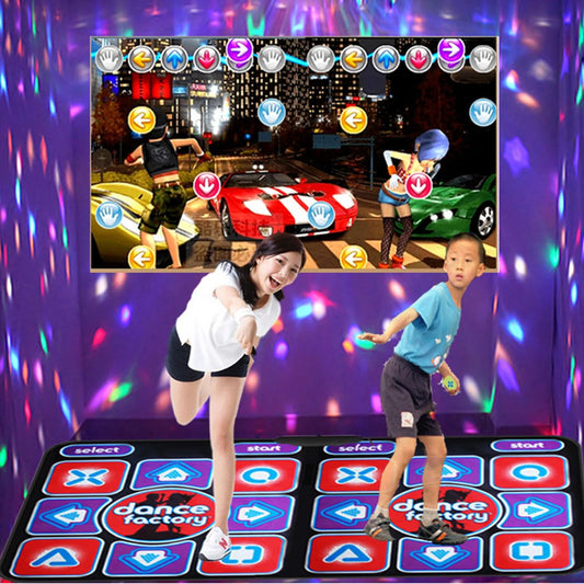 Woman and boy dancing on the mat in front of a TV, with disco lights behind 2