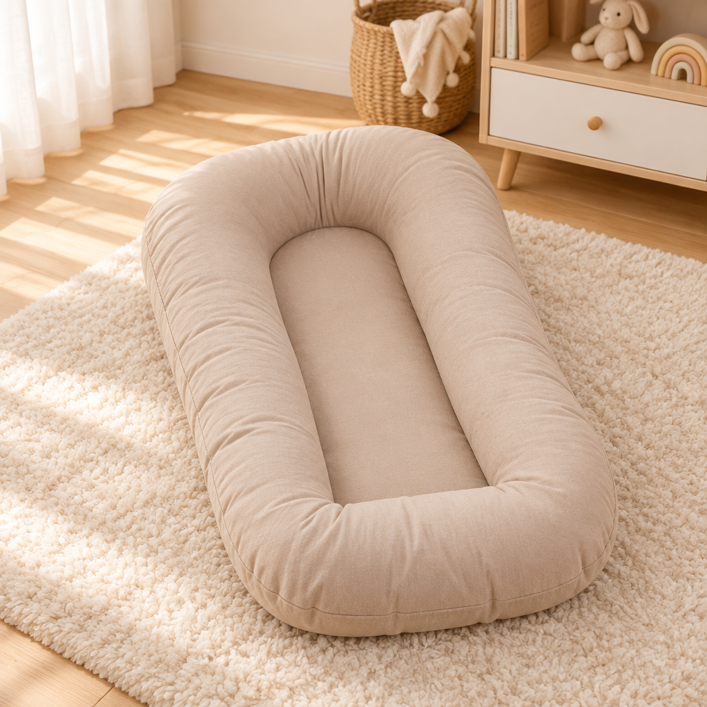 Empty beige cushion with raised edges on a shaggy cream rug in a bright nursery 10
