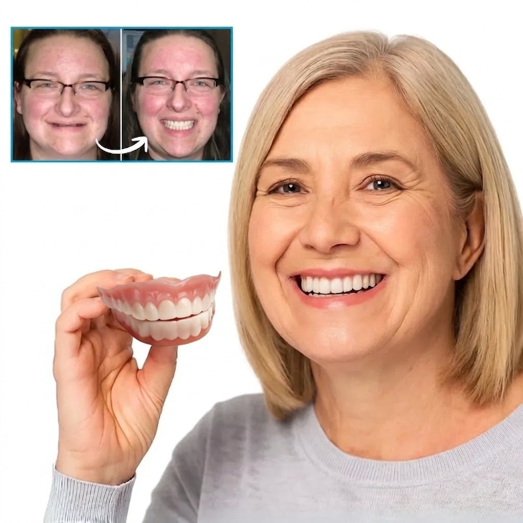 Smiling woman holding the upper and lower denture set, with a before-and-after smile comparison inset 1