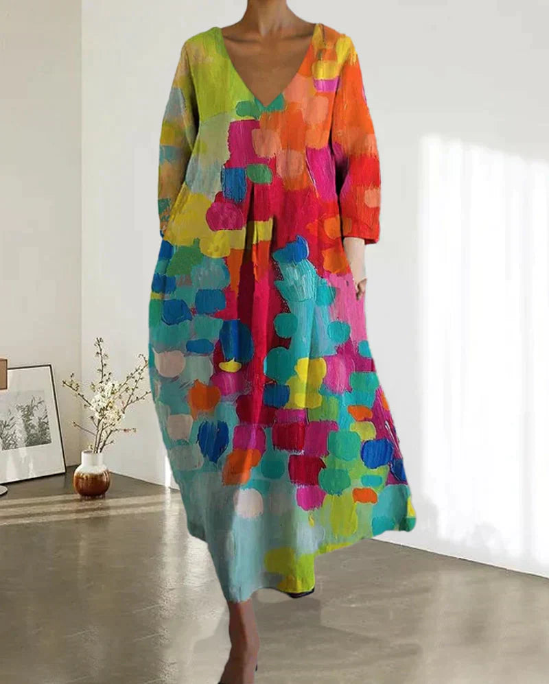 Colourful Printed Dress with V-Neck - Livia