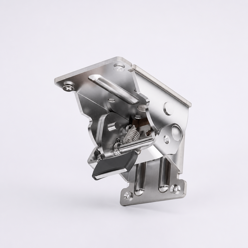 Silver-coloured cutaway view of the bracket on a plain background, exposing the internal spring, pin and black release lever. 8