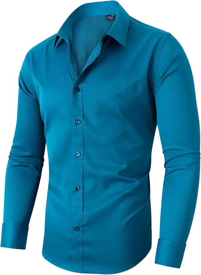 Angled view of a teal blue long-sleeved shirt with a pointed collar and matching buttons, shown without a model. 9