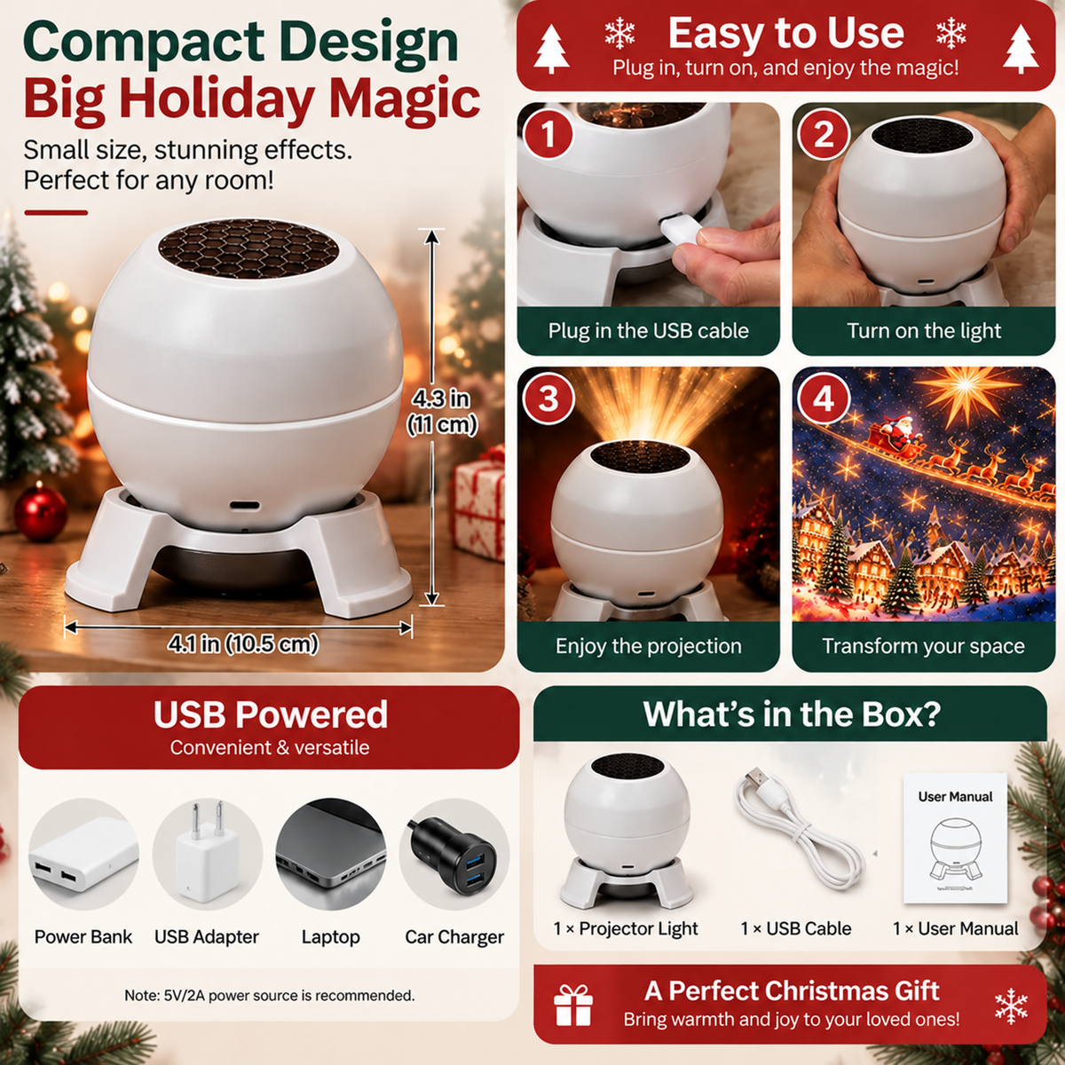 Infographic of the compact white projector with dimensions, four usage steps, USB power options and box contents 7