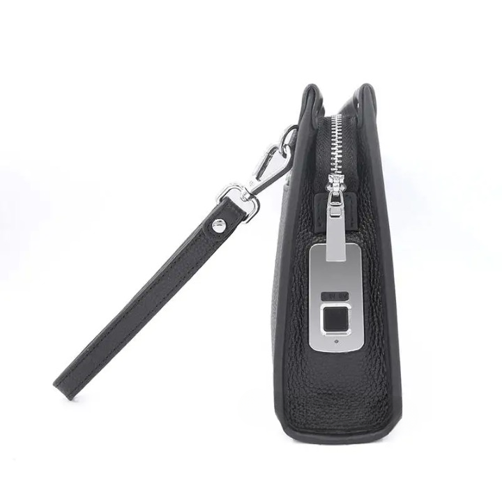 Men's genuine leather business clutch with fingerprint lock – black